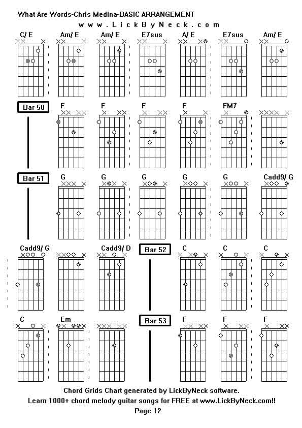 Chord Grids Chart of chord melody fingerstyle guitar song-What Are Words-Chris Medina-BASIC ARRANGEMENT,generated by LickByNeck software.